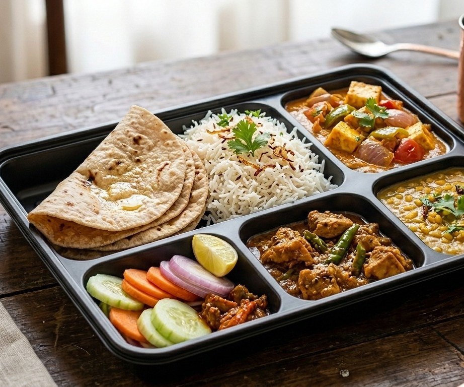 A WowZayka meal tray — rice, roti, two curries, dal and salad