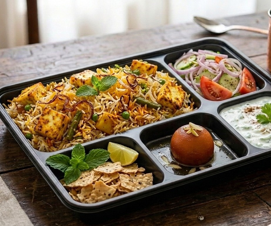 A WowZayka veg biryani tray with raita, salad and gulab jamun